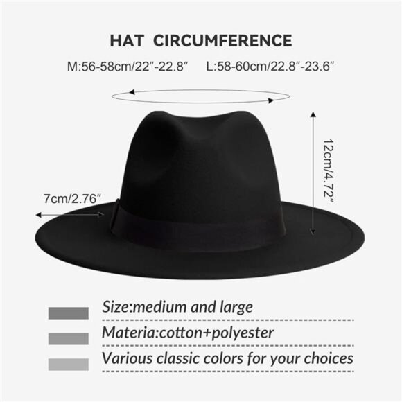 Wide Brim Fedora Hats for Women & Men Classic Dress Panama Hat Adjustable Felt - Picture 3 of 6